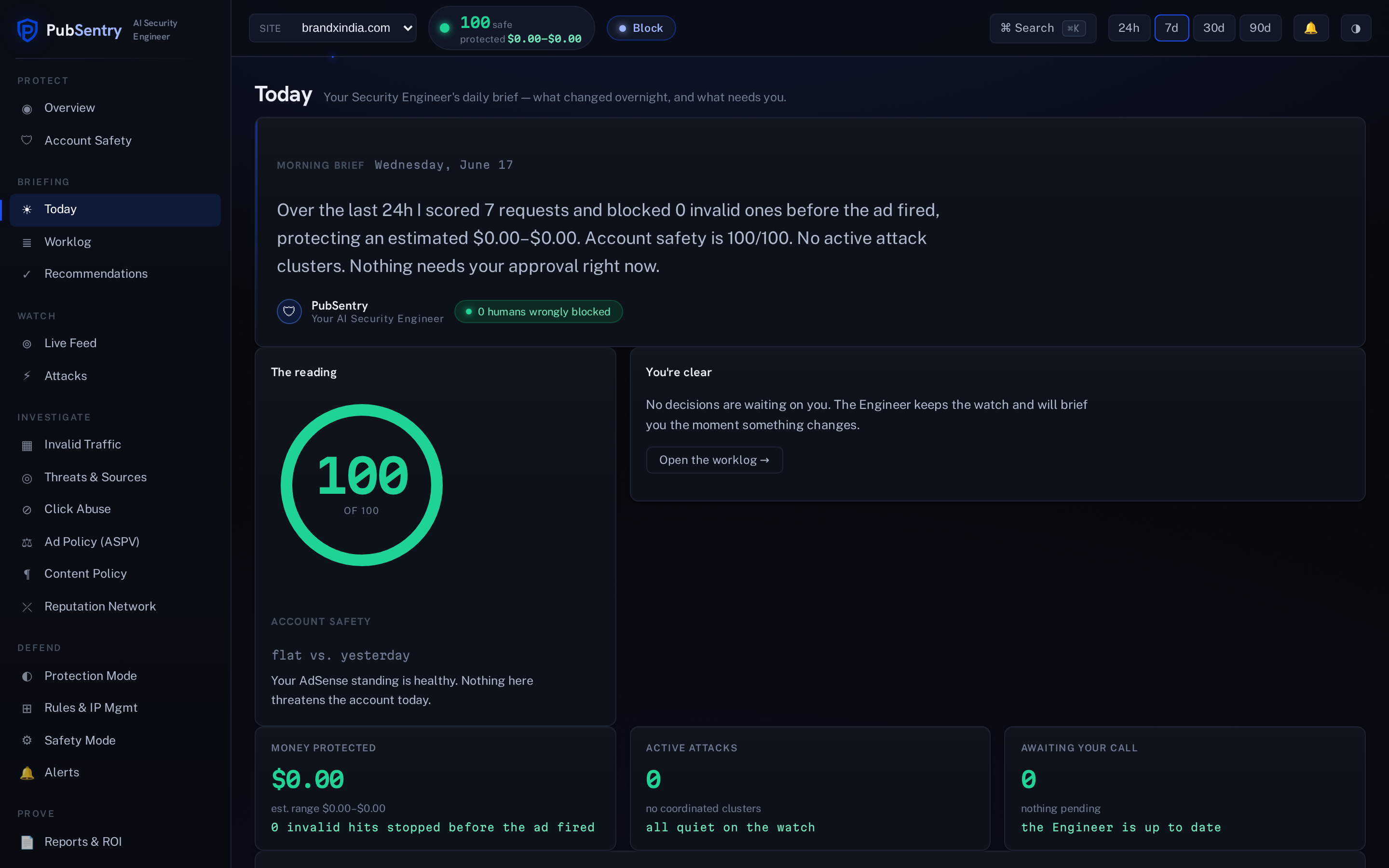 The Today screen — a narrated daily security brief